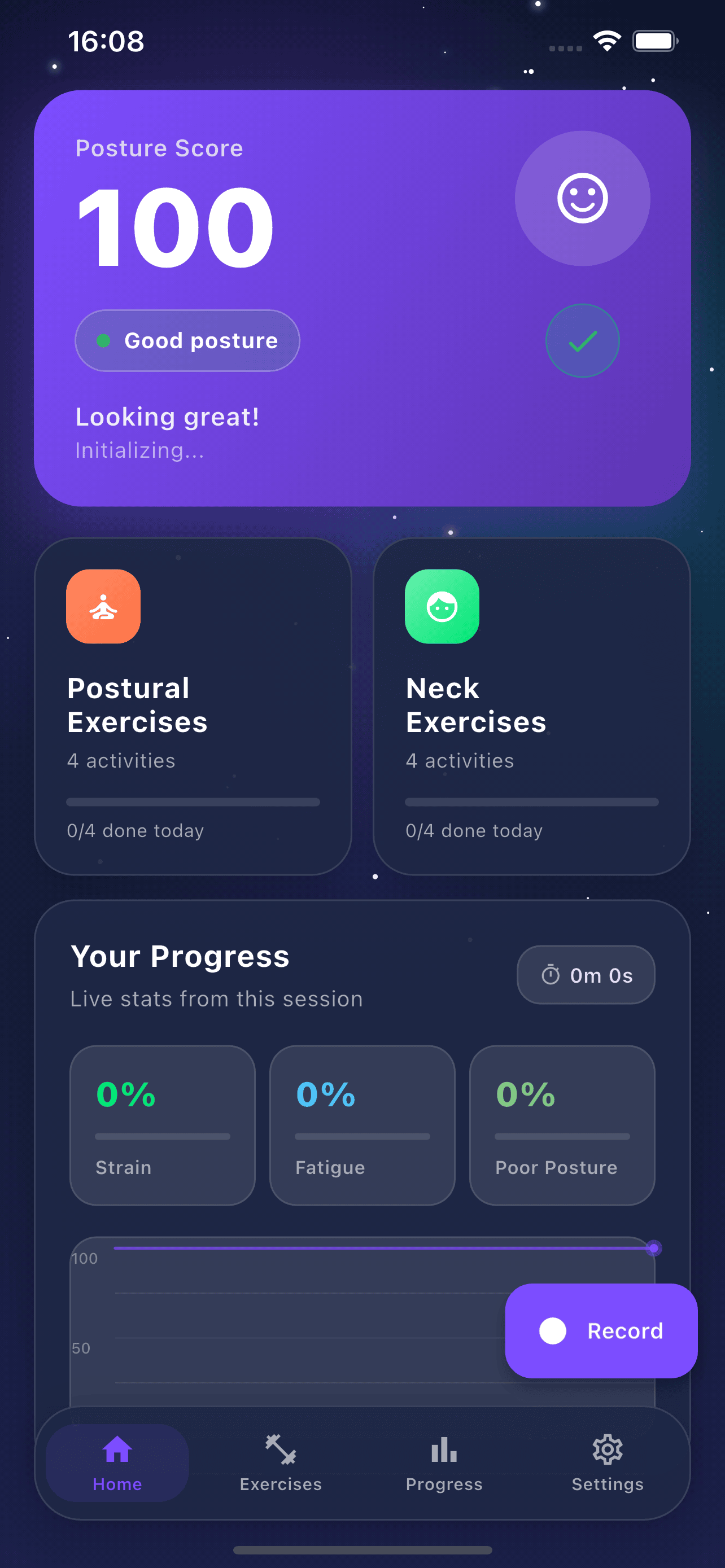 PostureMaxx iOS app showing a live posture score of 100, exercise shortcuts, and session stats for strain, fatigue, and poor posture.